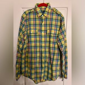 Men’s yellow, blue, green, and red medium button up flannel by Polo